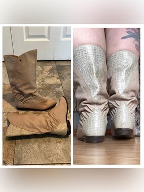 Vintage 80s Leather Calf High Flat Boots Embossed Reptile Style sz 7 M